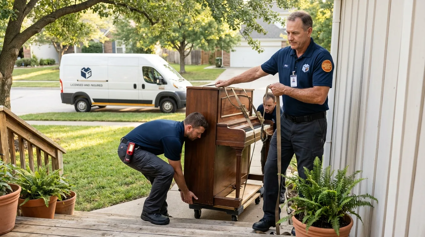Licensed piano movers securing grand piano in Camilla, GA