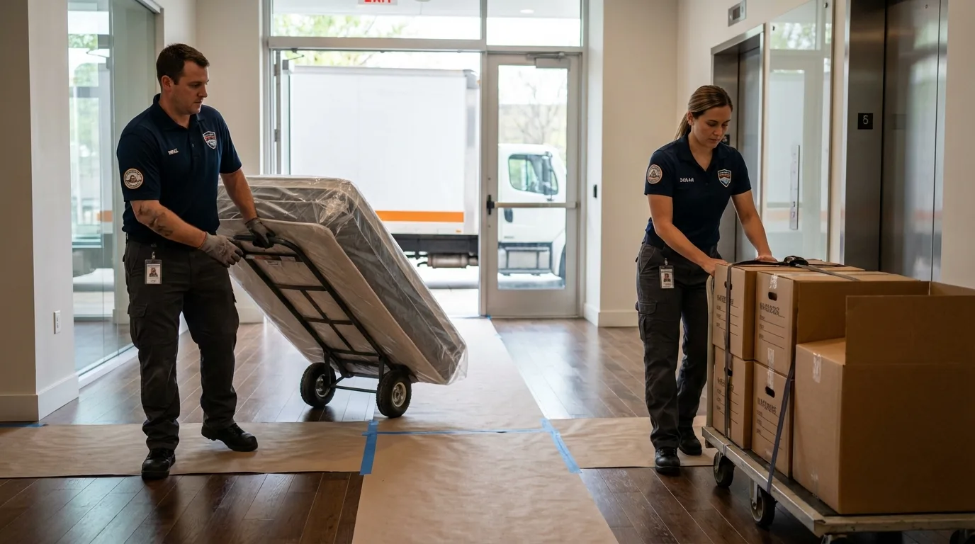 Professional apartment movers loading elevator in Camilla, GA