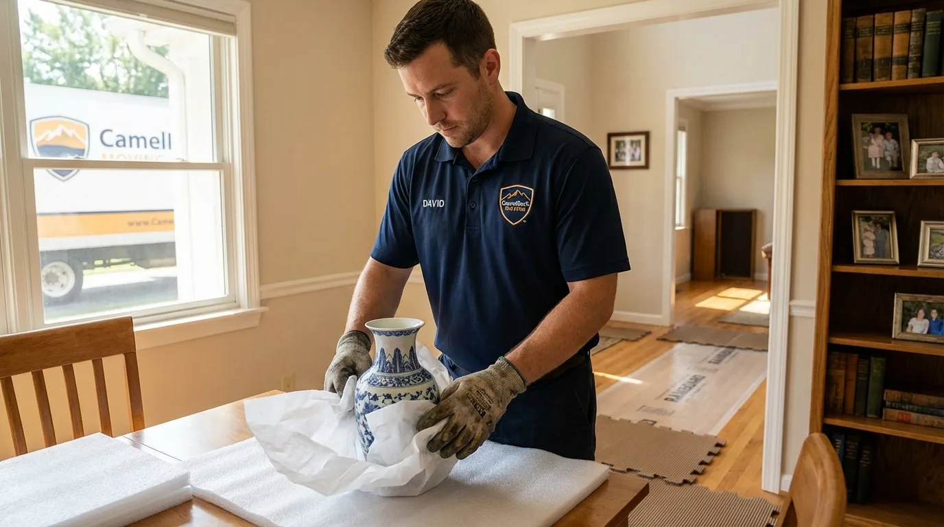 Professional crew carefully wrapping antique vase for senior downsizing move in Camilla, GA